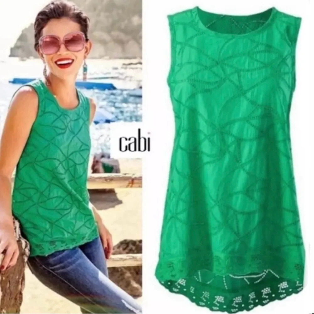 CAbi | Gemma Eyelet Sleeveless Top High Low Hem Kelly Green EUC